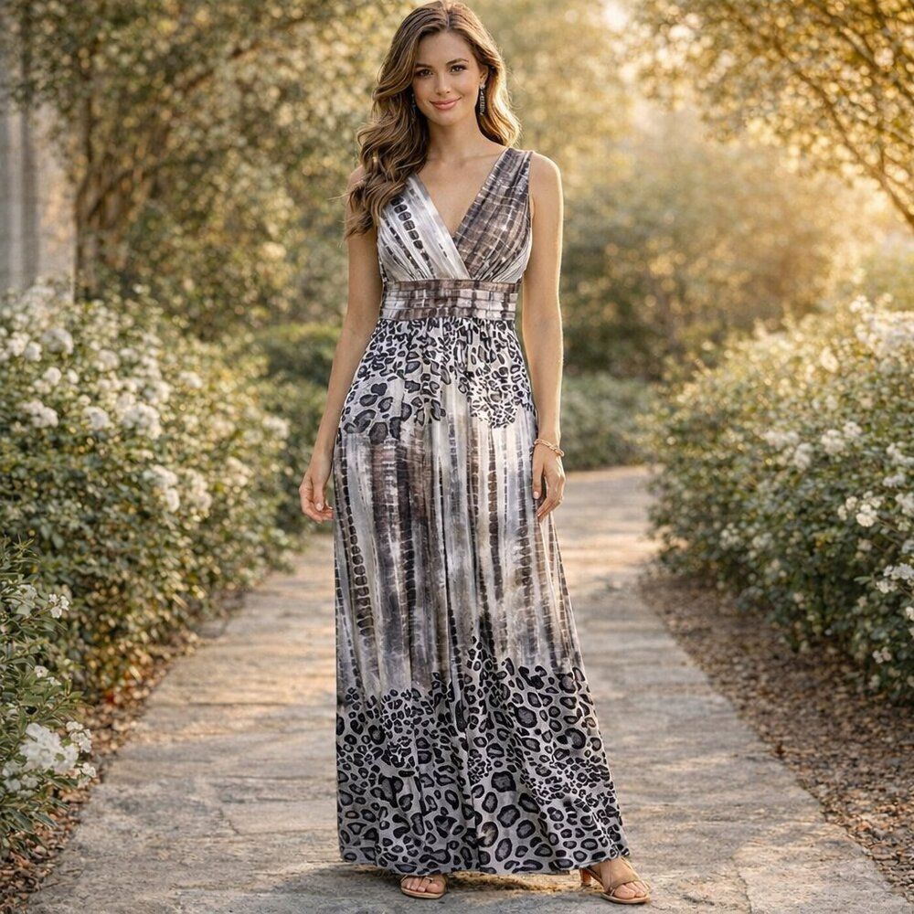 Dressbarn Dress Maxi Stretchy Vintage Y2K Animal Print Gray White Tan Black  4